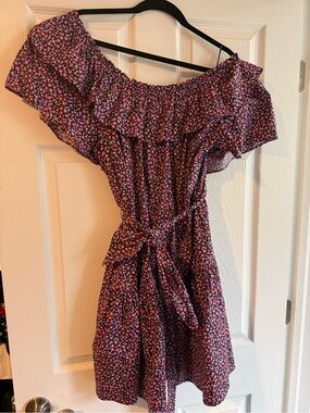 Draper James Purple Floral Off-Shoulder Ruffle Dress